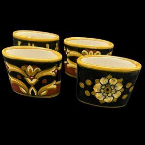 Set of 4 Michela Ceramic Napkin Rings Signed Hand Painted 3 x 2 x 1.5 in Black
